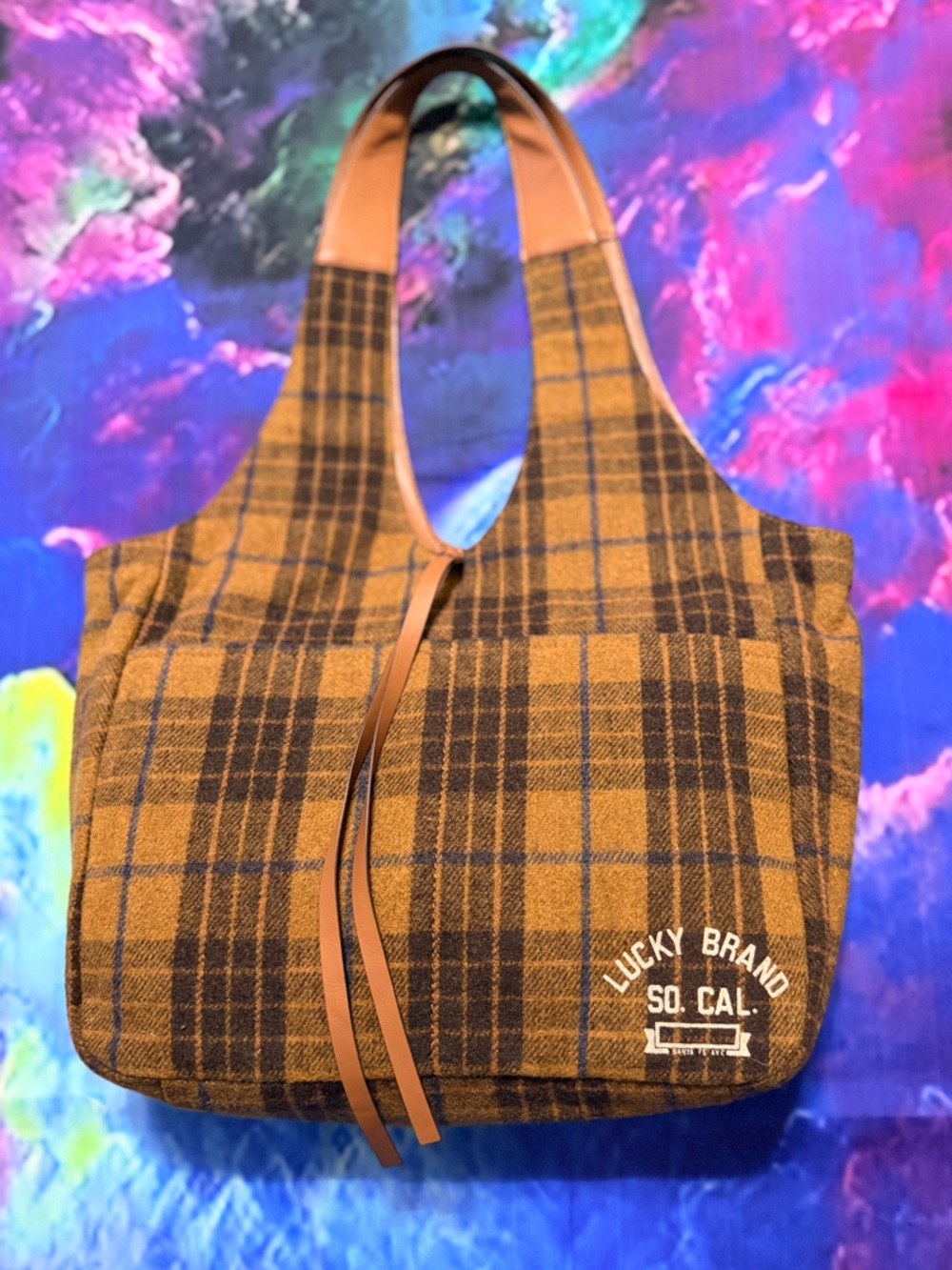 Lucky Brand Brown and Navy Wool Plaid Shoulder Hobo Pouch